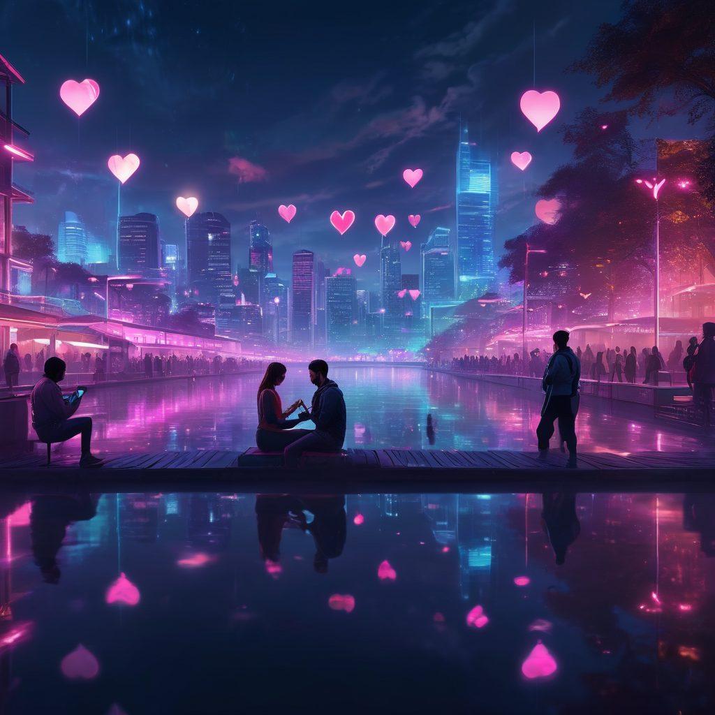 A futuristic cityscape at dusk, with couples using their smartphones to connect amidst holographic hearts floating in the air. Bright neon signs for various romance apps illuminate the scene, while soft glowing lights reflect on a calm urban lake. A sense of joy and connection is palpable among the diverse crowd. cyberpunk. vibrant colors. dreamy atmosphere.
