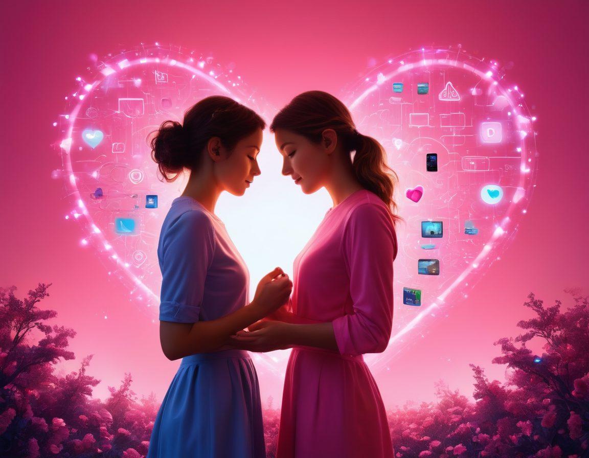 A whimsical scene depicting a couple holding hands while surrounded by glowing wireless symbols and hearts. The backdrop shows various wireless devices like smartphones and tablets emitting soft light, symbolizing connection and love. Elements of nature like flowers and butterflies intertwine with technology to visualize the fusion of romance and digital advancement. The color palette is warm and inviting with vibrant pinks and blues. super-realistic. vibrant colors. dynamic composition.