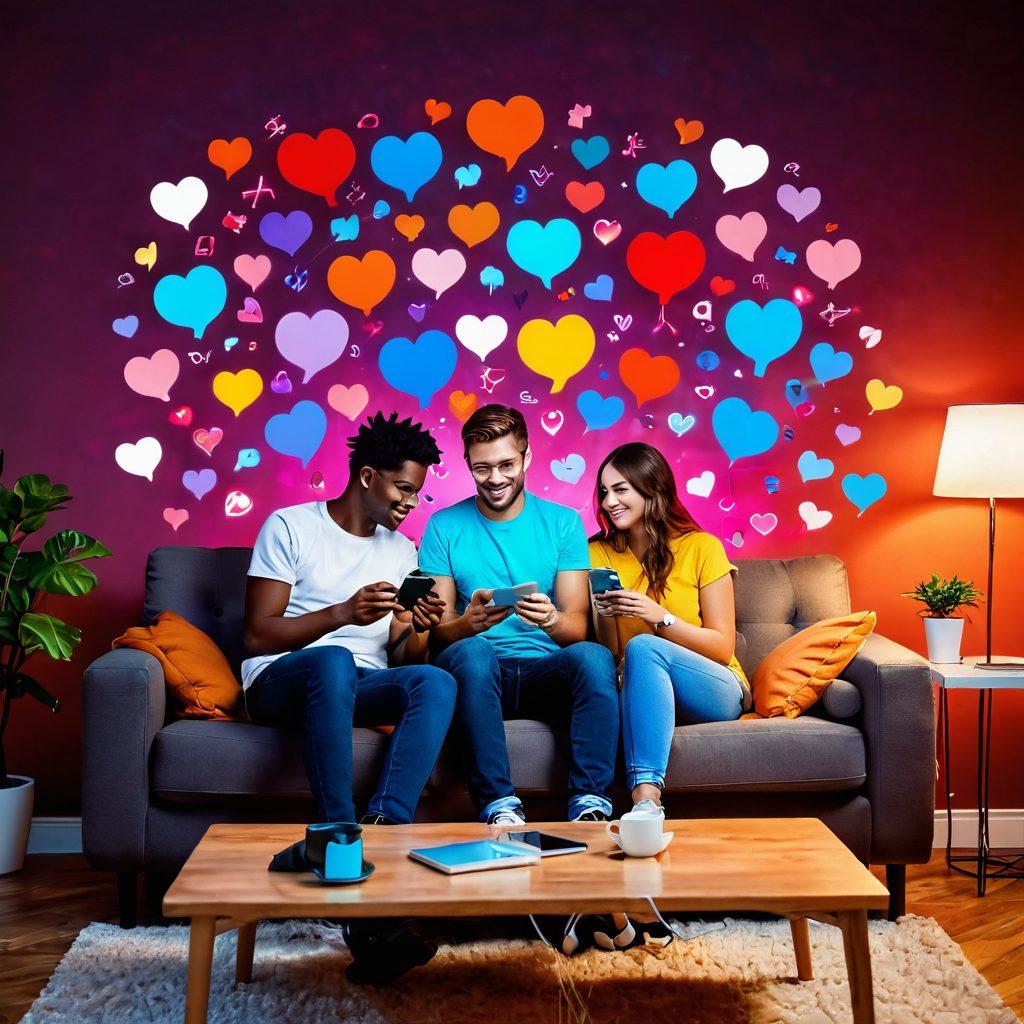A modern couple sitting together on a couch, each using their smartphones, surrounded by various digital icons like hearts, chat bubbles, and music notes floating around them. Soft lighting creates an intimate atmosphere while a laptop with a dating app interface is visible on a coffee table. The background has a colorful digital landscape representing online connections and social media. vibrant colors. super-realistic.